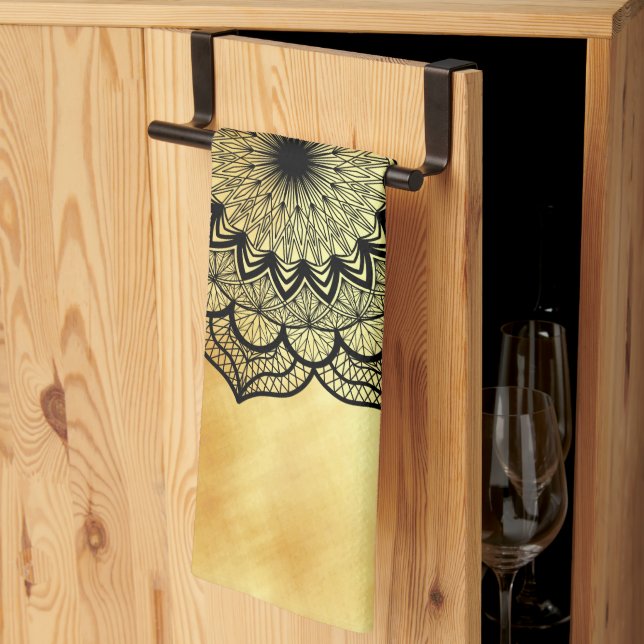 Black Mandala on Soft Gold Background Kitchen Towel (Thirds Fold)