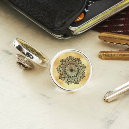 Black Mandala on Soft Gold Background Lapel Pin