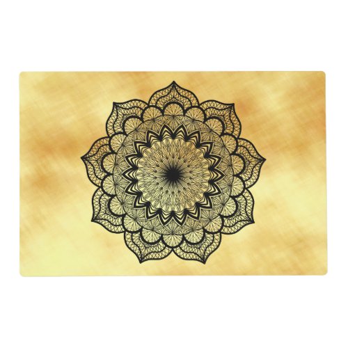 Black mandala on soft gold background placemat