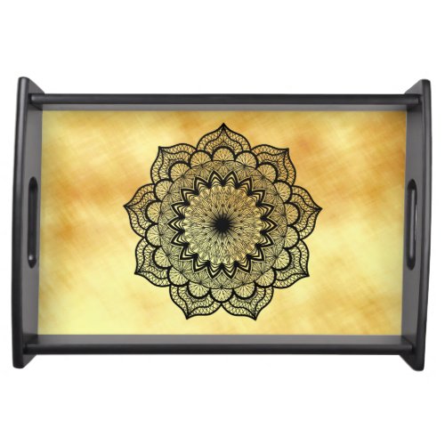 Black Mandala on Soft Gold Background Serving Tray