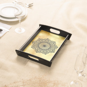 Black Mandala on Soft Gold Background Serving Tray