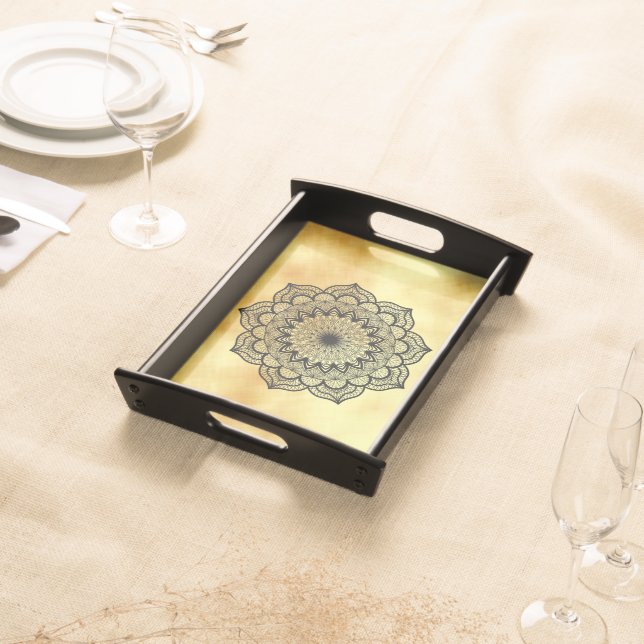 Black Mandala on Soft Gold Background Serving Tray (Front)
