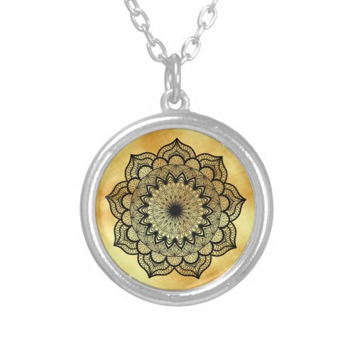 Black Mandala on Soft Gold Background Silver Plated Necklace