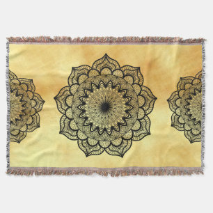 Black Mandala on Soft Gold Background Throw Blanket