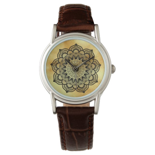 Black Mandala on Soft Gold Background Watch (Front)