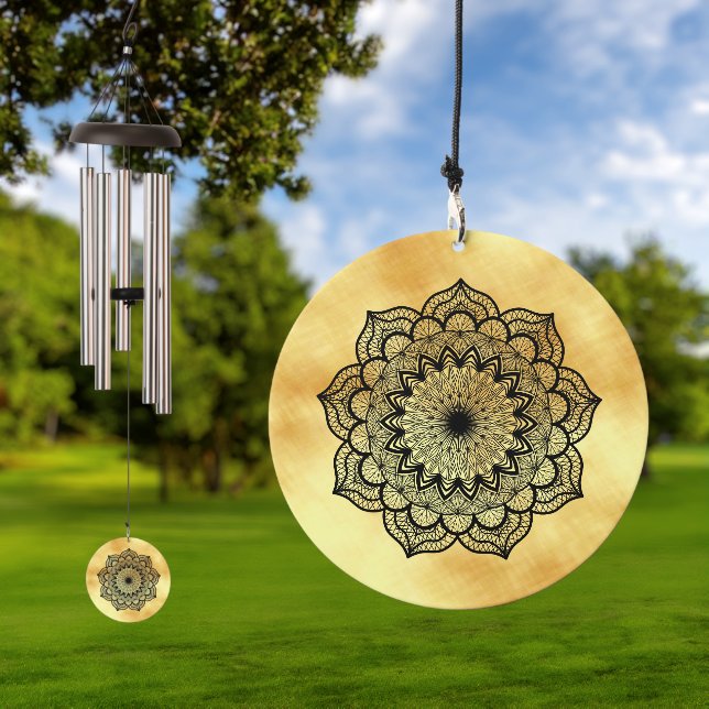 Black Mandala on Soft Gold Background Wind Chime (Outdoor)