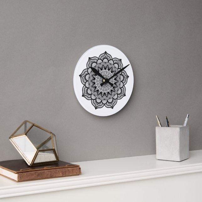 Black Mandala on White Background Round Clock (Office)