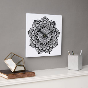 Black Mandala on White Background Square Wall Clock