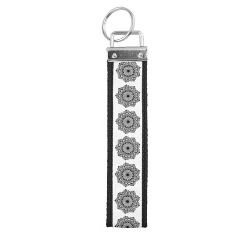Black Mandala on White Background Wrist Keychain