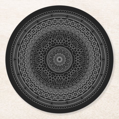 Black Mandala v3 Round Paper Coaster
