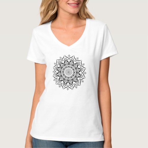 Black mandala with hearts geometric design T_Shirt