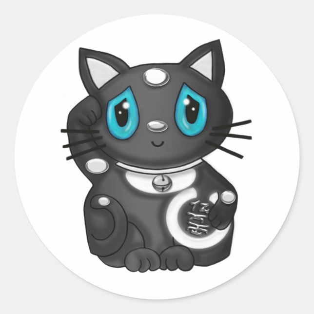 Black Maneki Neko Bekoning Good Luck Cat Classic Round Sticker (Front)