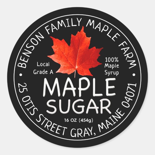 Black Maple Sugar Label with Red Sugar Maple Leaf (Front)