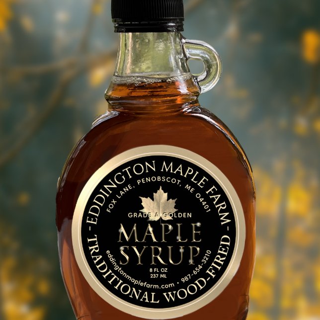 Black Maple Syrup Gold Maple Leaf Gold Border  Classic Round Sticker (Creator Uploaded)