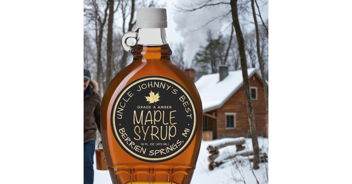 Black Maple Syrup Label Gold Leaf and Text | Zazzle