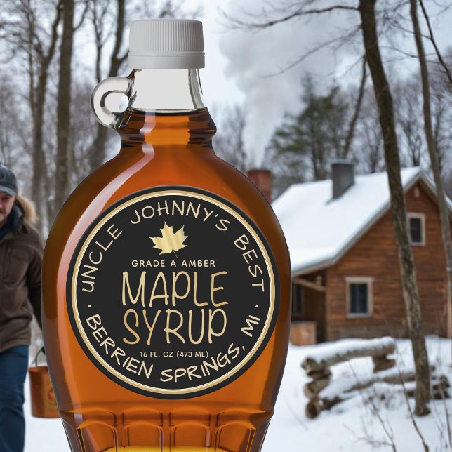 Black Maple Syrup Label Gold Leaf and Text (Creator Uploaded)