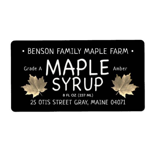 Black Maple Syrup Label Gold Sugar Maple Leaf (Front)