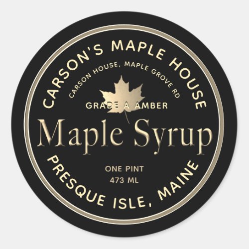 Black Maple Syrup Label with Gold Border and Leaf