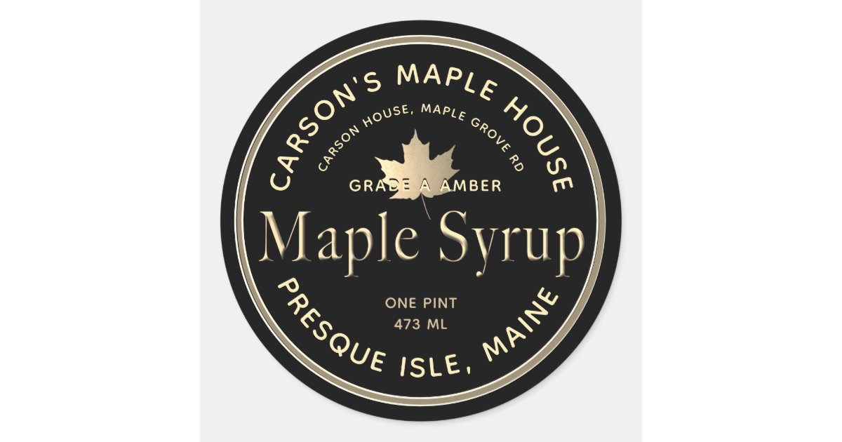 Black Maple Syrup Label with Gold Border and Leaf | Zazzle