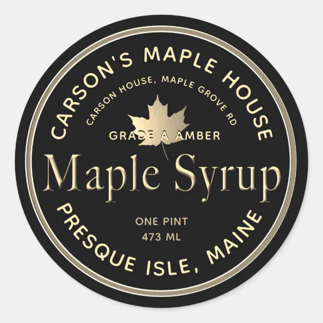 Black Maple Syrup Label with Gold Border and Leaf | Zazzle