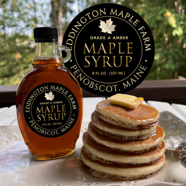 Black Maple Syrup Label with Gold Maple Leaf | Zazzle