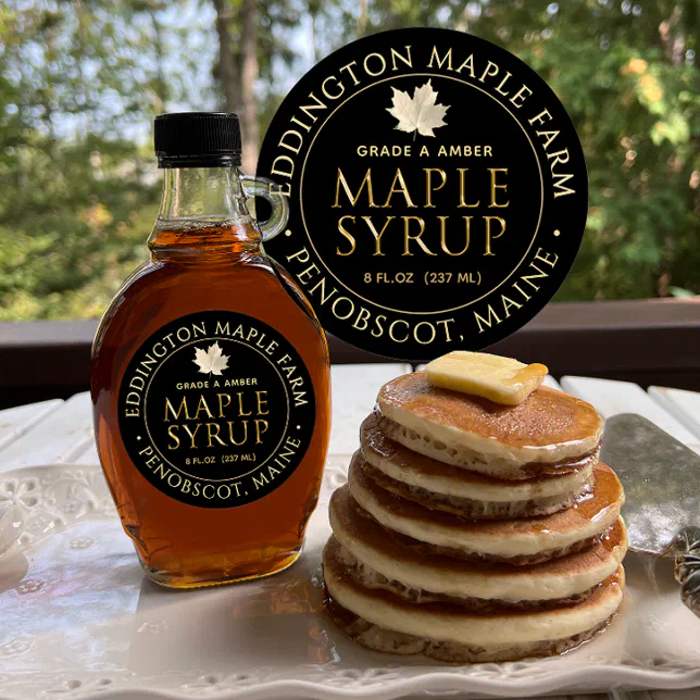 Black Maple Syrup Label with Gold Maple Leaf | Zazzle
