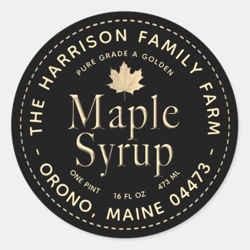 Black Maple Syrup Label with Gold Text and Leaf