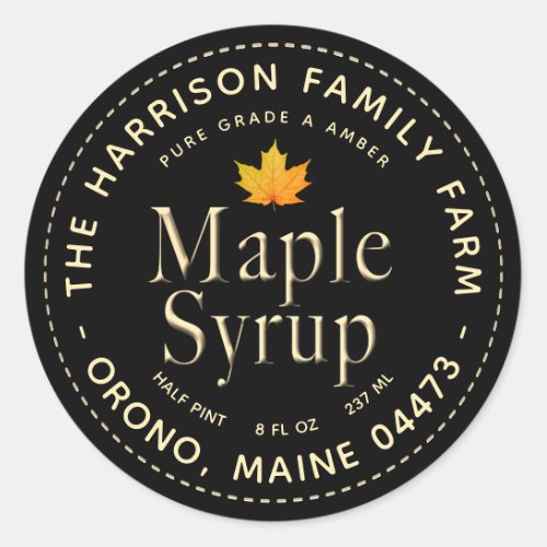 Black Maple Syrup Label with Gold Text and Leaf