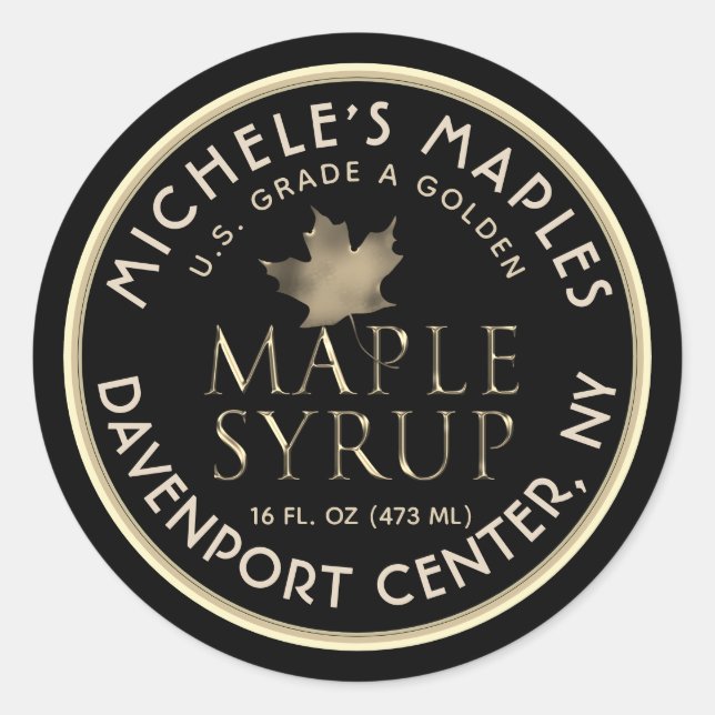 Black Maple Syrup Label with Metallic Gold Leaf (Front)