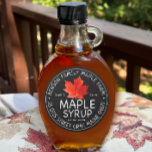 Black Maple Syrup Label with Red Sugar Maple Leaf<br><div class="desc">Edit your business name,  address,  volume of maple syrup and grade. Realistic red sugar maple leaf with morphological details on black background. White chalkboard text. Simple white line along border of label. Matching t-shirts available here: https://www.zazzle.com/z/azuo1u2f?rf=238554714266425419</div>