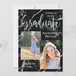 Black Marble Abalone Script Photo Graduation Invitation