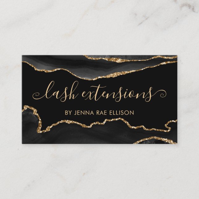 Black Marble Agate Classy Chic Lash Aftercare Business Card (Front)