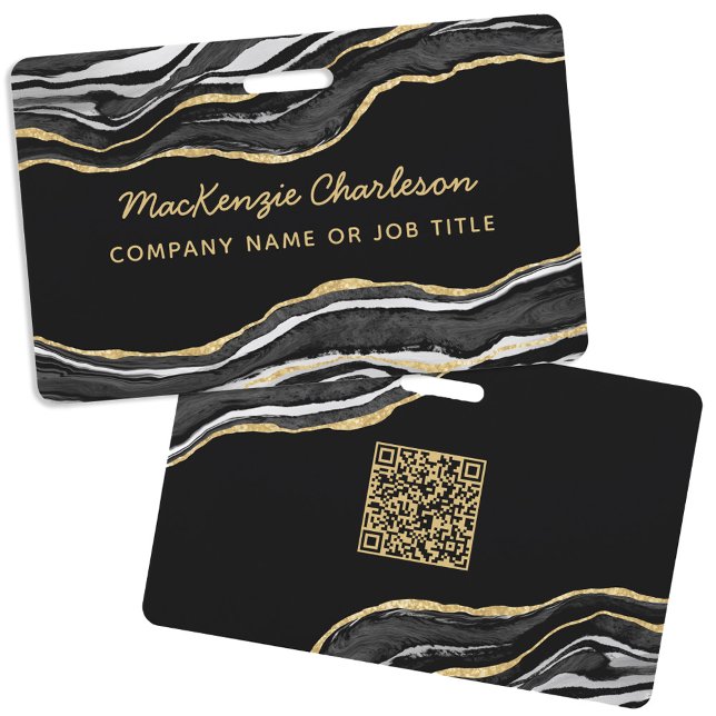 Black Marble Agate Geode Business QR Code Name Badge (Black marble agate geode gold glitter effect business name badge with QR code)