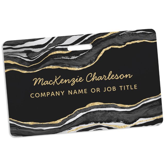 Black Marble Agate Geode Gold Business Name Badge (Black marble geode agate gold glitter effect modern script business name badge)