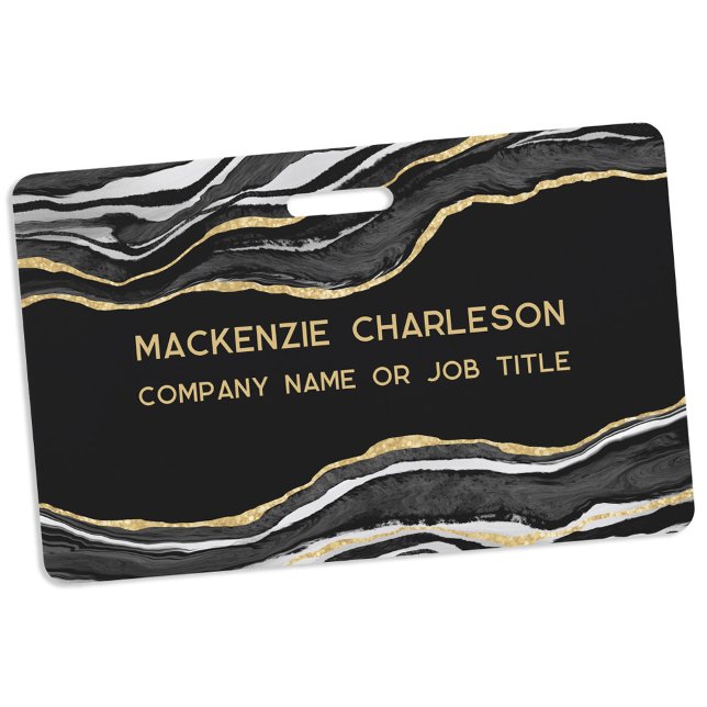 Black Marble Agate Geode Gold Business Name Badge (Black marble agate geode gold glitter effect business name badge)