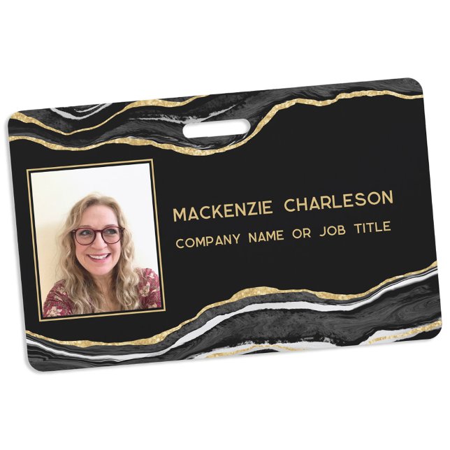 Black Marble Agate Geode Gold Business Photo Name Badge (Black agate marble geode gold effect business photo id name badge)