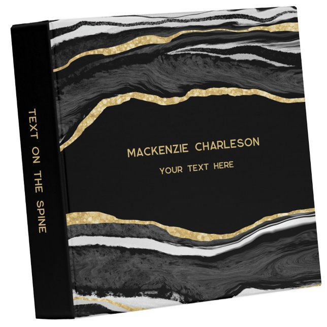 Black Marble Agate Geode Gold Glitter Business 3 Ring Binder (Black marble agate geode gold effect modern business 3 ring binder)