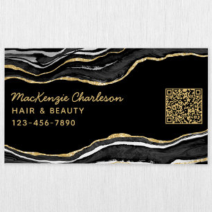 Black Marble Agate Geode Gold Glitter QR Code Business Card Magnet