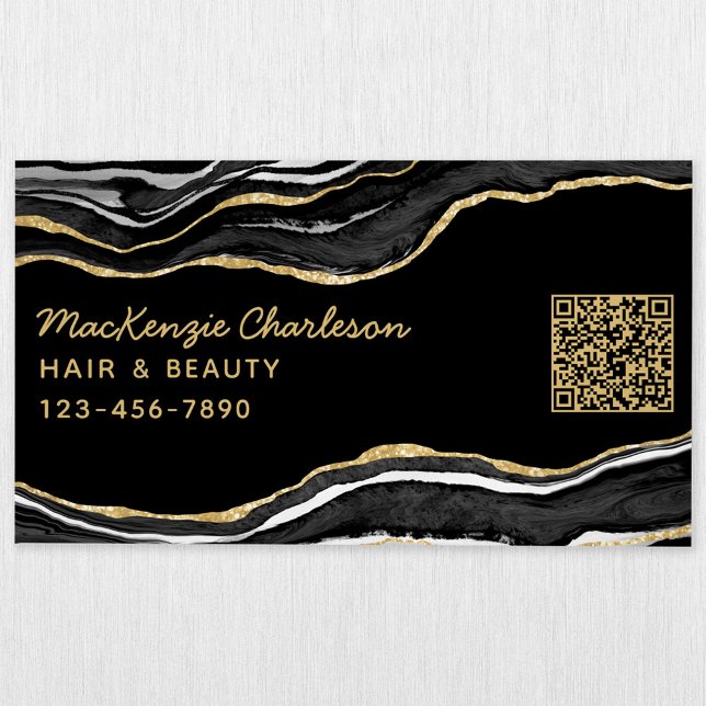Black Marble Agate Geode Gold Glitter QR Code Business Card Magnet (Black marble agate geode gold glitter effect modern script business card magnet with QR code)