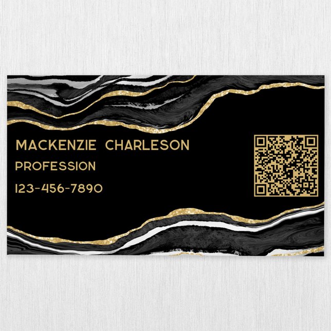 Black Marble Agate Geode Gold Glitter QR Code Business Card Magnet (Black agate marble geode gold glitter effect QR code magnetic business card)