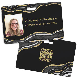 Black Marble Agate Geode QR Code Photo ID Name Badge