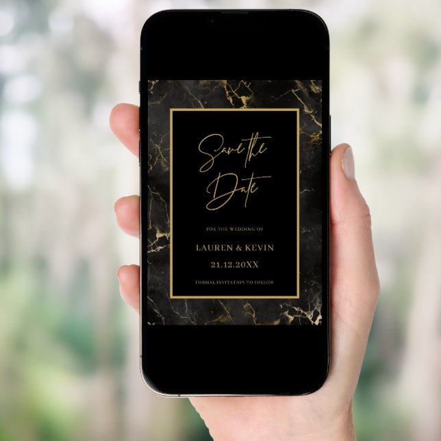 Black marble agate gold border save the date invitation (Front Digital)