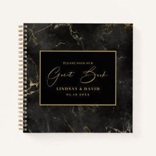 Black marble agate gold border Wedding Guest Book