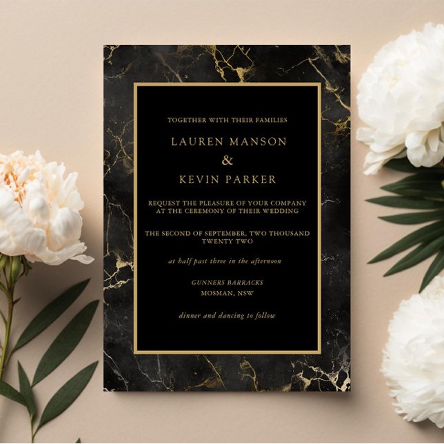 Black marble agate gold border wedding invitation (Creator Uploaded)