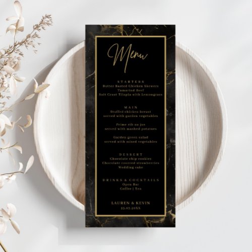 Black marble agate gold border Wedding Menu Card