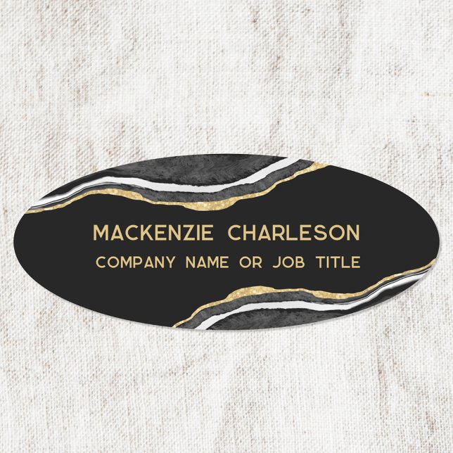 Black Marble Agate Gold Glitter Business Name Tag (Black watercolor agate marble business name tag badge with custom text)