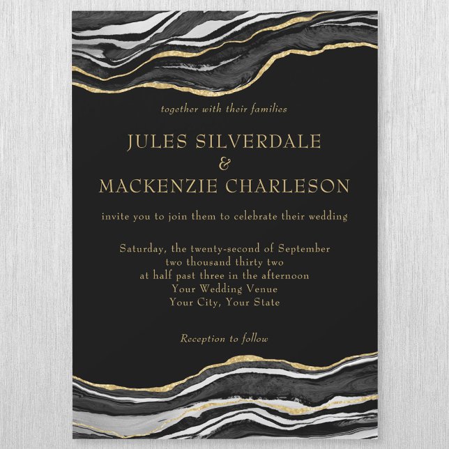 Black Marble Agate Gold Glitter Elegant Wedding Magnetic Invitation (Creator Uploaded)