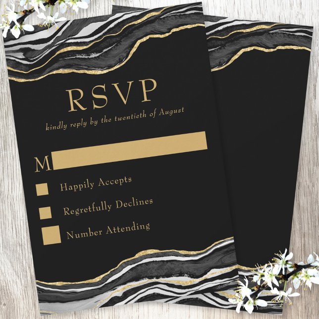 Black Marble Agate Gold Glitter Elegant Wedding RSVP Card (Creator Uploaded)