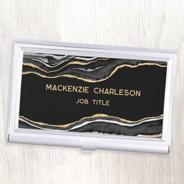 Black Marble Agate Gold Glitter Geode Business Card Case (Black marble agate geode gold glitter effect business card holder)