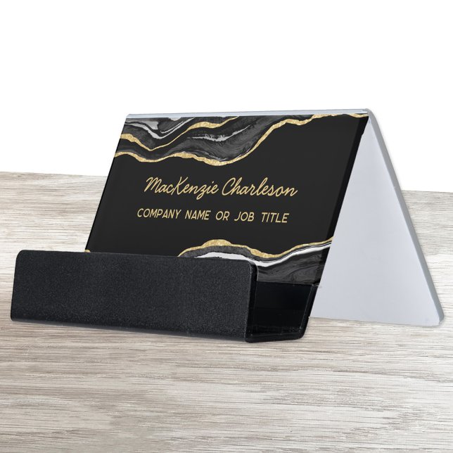 Black Marble Agate Gold Glitter Geode Desk Business Card Holder (Black gold marble agate geode professional business card desk holder)